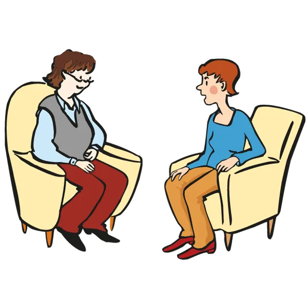 Ilustration: Zwei Frauen sitzen sich in Sesseln gegenüber. Sie sprechen miteinander.