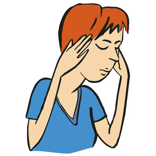 Illustration: Eine Frau fasst sich mit beiden Händen an den Kopf. Sie hat die Augen geschlossen.