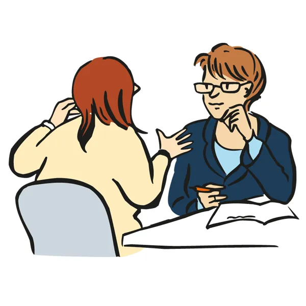Illustration: Zwei Frauen sitzen sich an einem Tisch gegenüber. Eine Frau erzählt etwas. Die andere Frau hört zu.