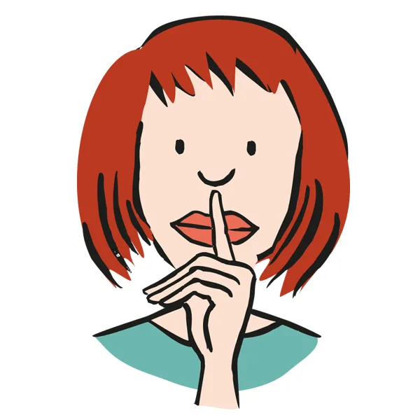 Illustartion: Eine Frau legt den Zeigefinger über ihre Lippen. Sie zeigt, dass sie schweigen wird.