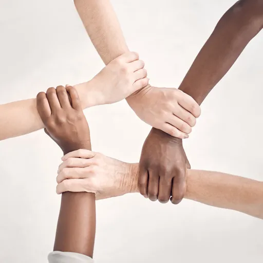Die Unterarme von fünf Personen unterschiedlicher Hautfarbe verbinden sich zu einem Kreis indem sie sich gegenseitig an den Handgelenken umfassen.